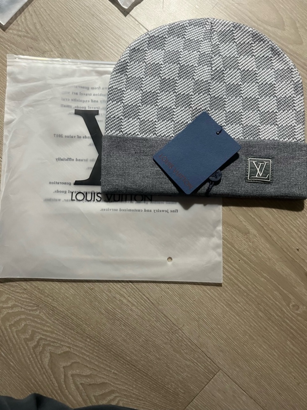 Louis Vuitton Gray Knit Accessory with Navy Tag